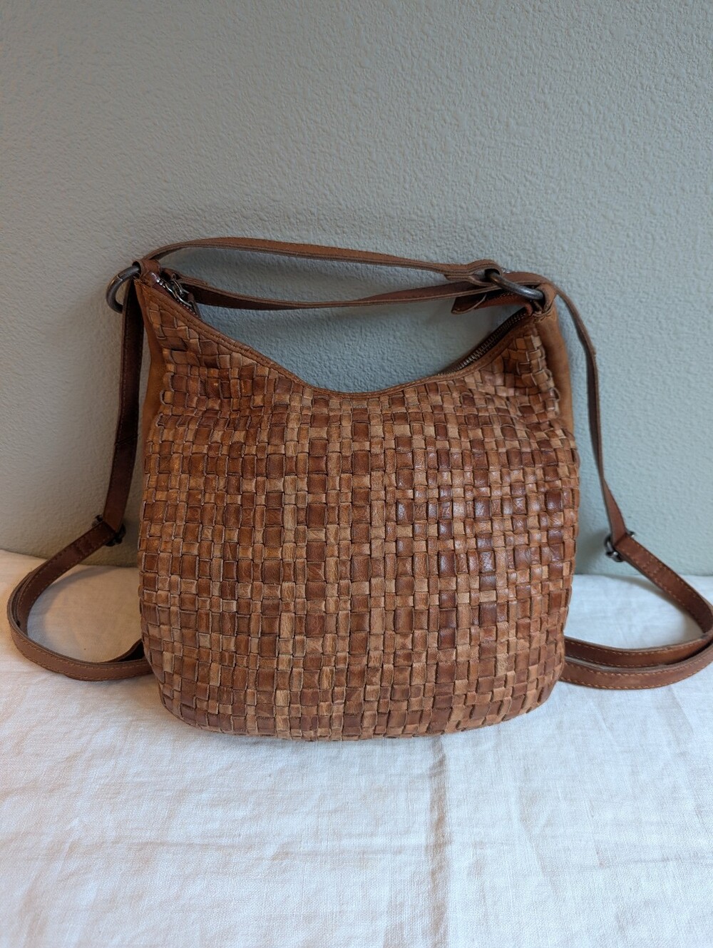 Vilenca Holland Anthropologie Woven Leather Backpack Bag Purse Patina Travel - Picture 2 of 14